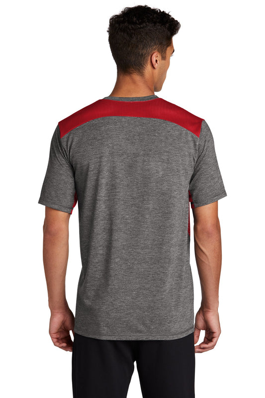 Sport-Tek PosiCharge Tri-Blend Wicking Draft Tee. ST410 True Red/ Dark Grey Heather