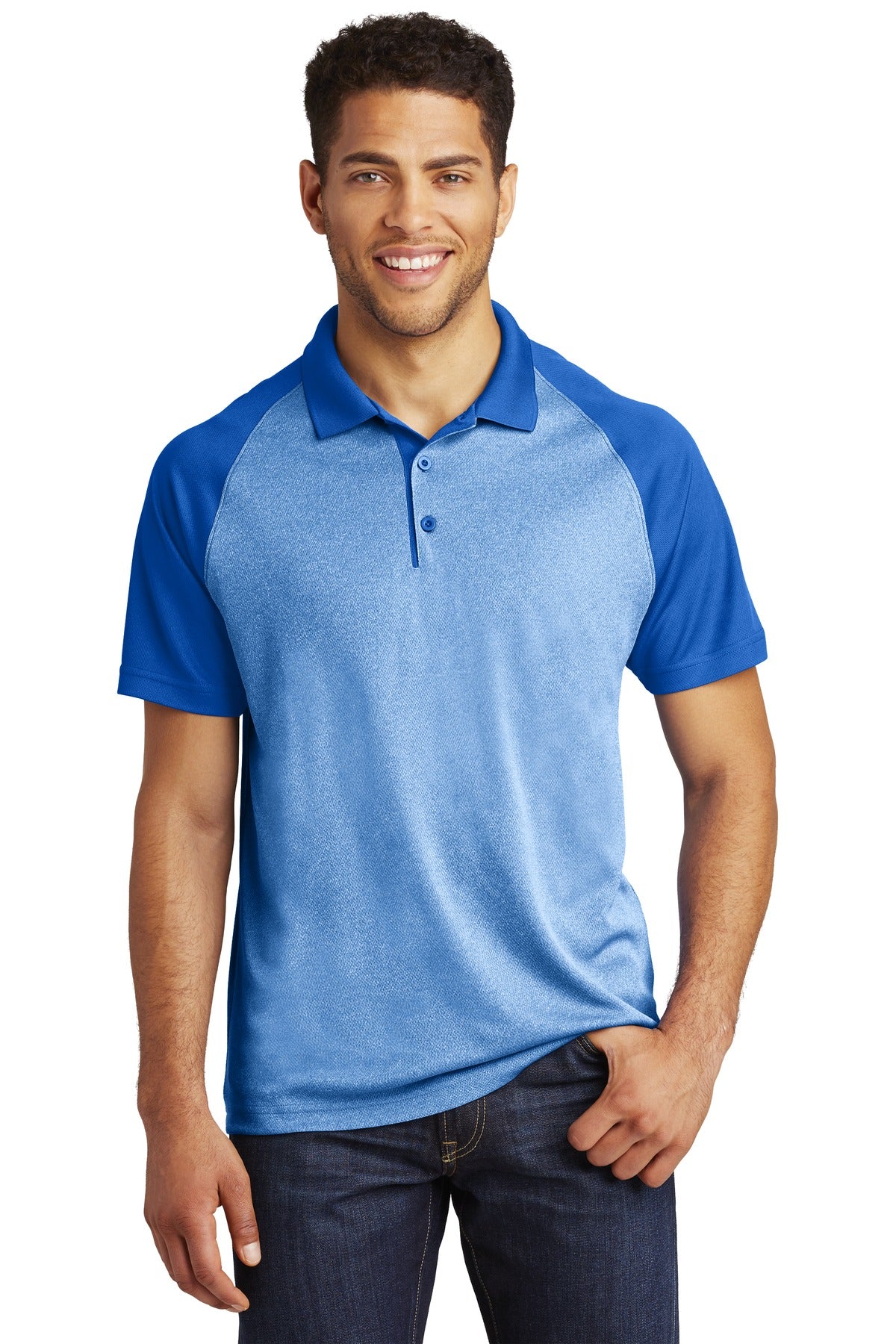 Sport-Tek PosiCharge RacerMesh Raglan Heather Block Polo. ST641 True Royal Heather/ True Royal
