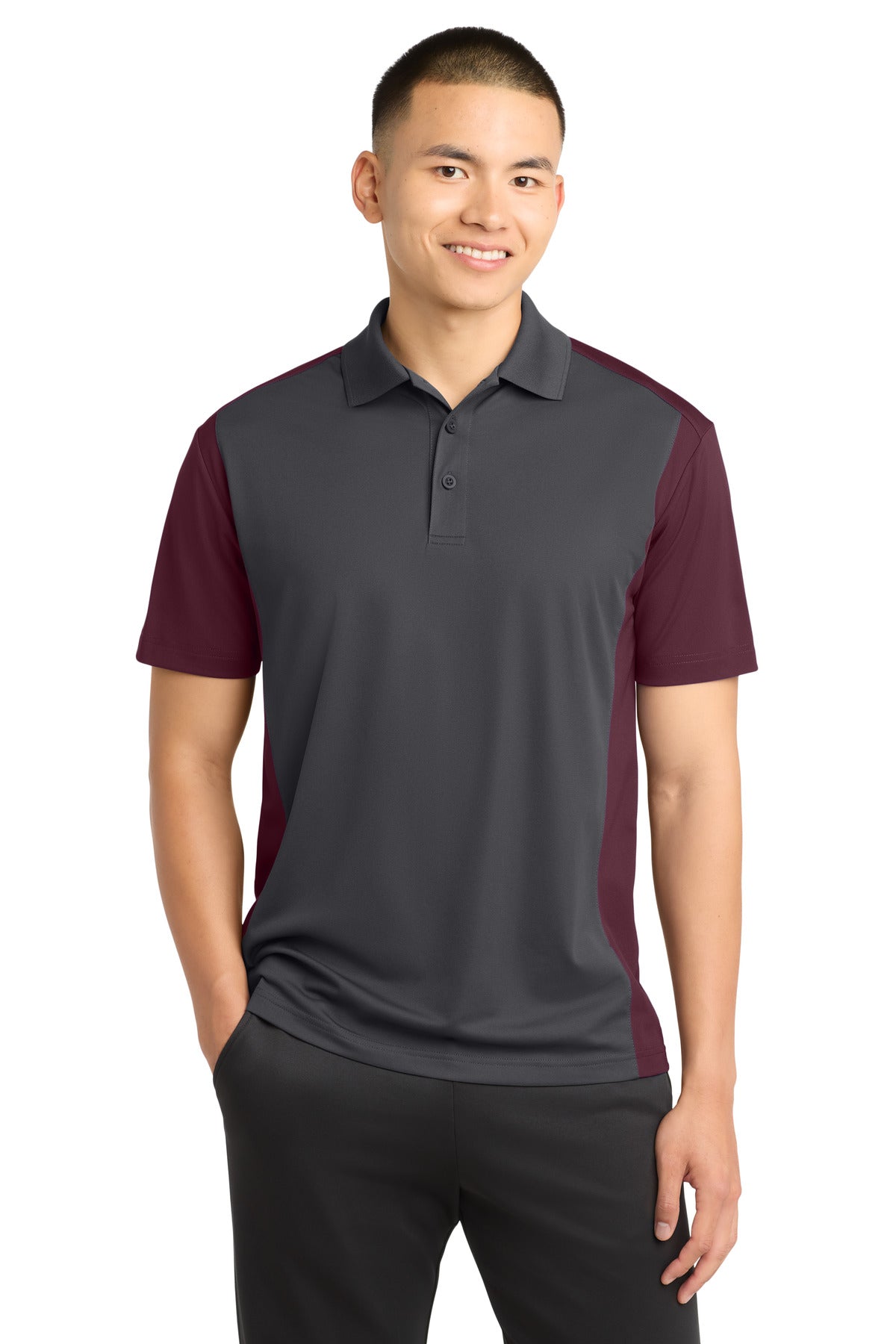 Sport-Tek Colorblock Micropique Sport-Wick Polo ST652 Iron Grey/ Maroon