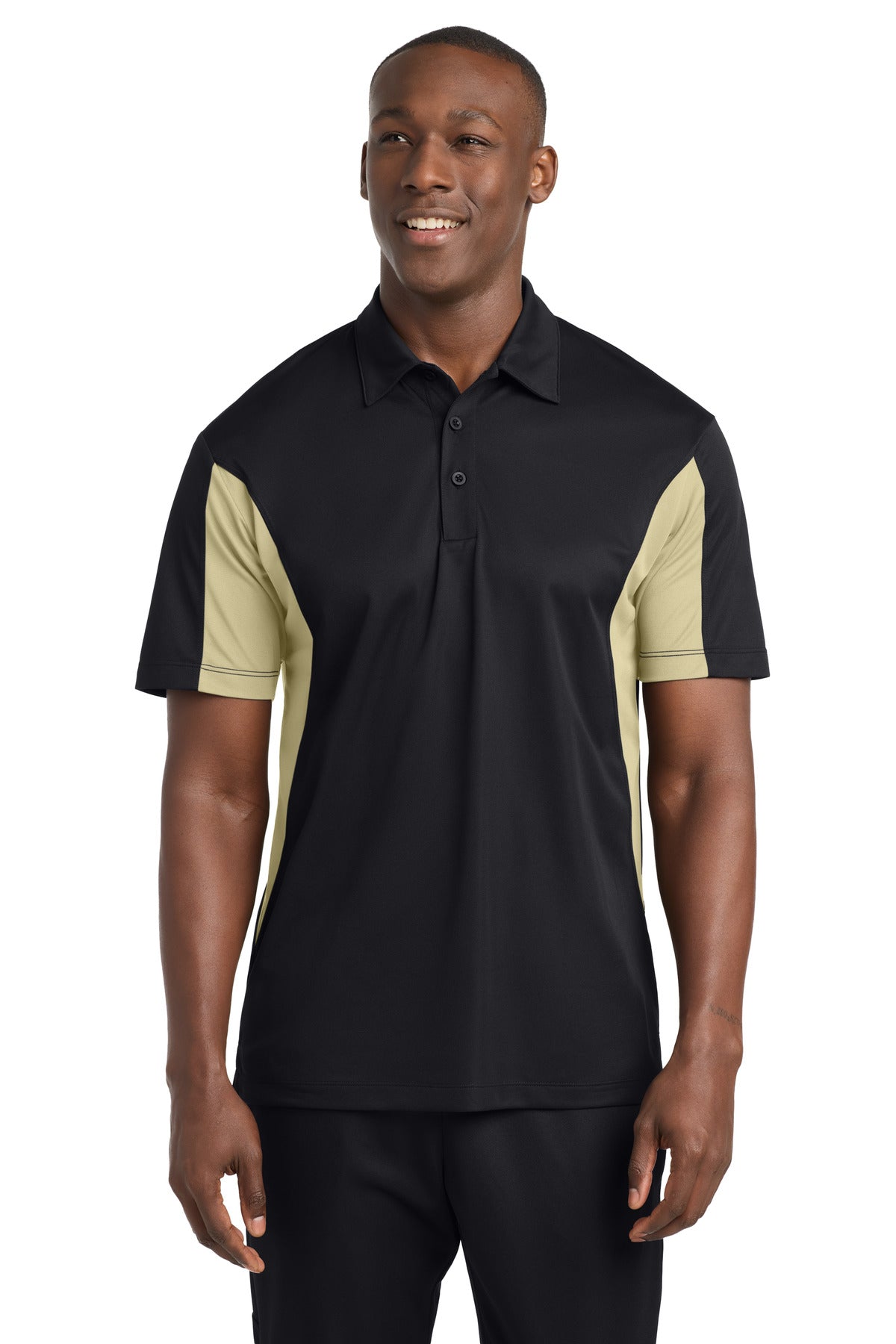 Sport-Tek Side Blocked Micropique Sport-Wick Polo ST655 Black/ Vegas Gold