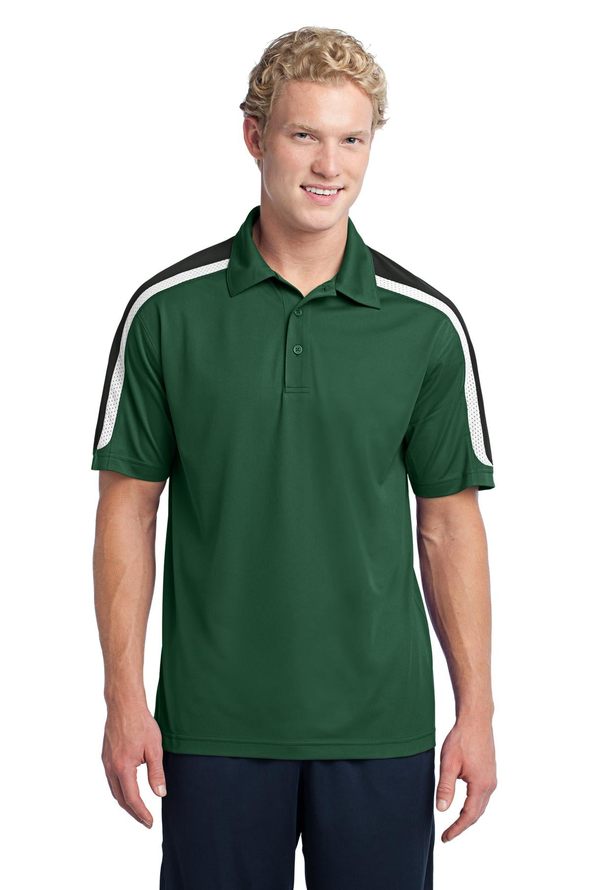 Sport-Tek Tricolor Shoulder Micropique Sport-Wick Polo. ST658 Forest Green/ Black/ White