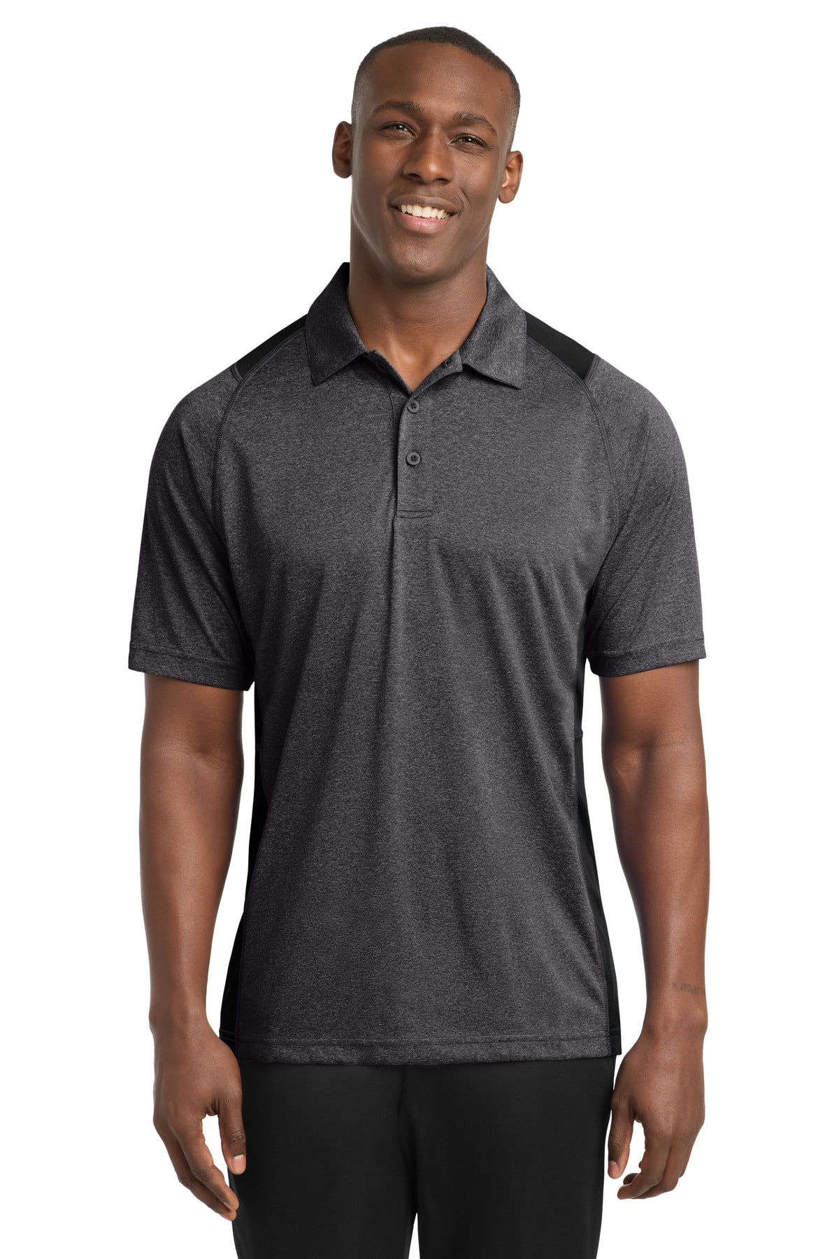 Sport-Tek Heather Colorblock Contender Polo ST665 Graphite Heather/ Black