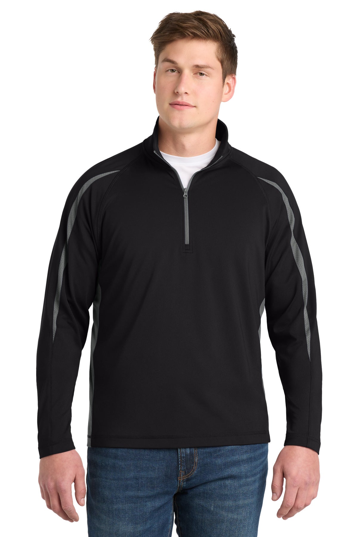 Sport-Tek Sport-Wick Stretch 1/4-Zip Colorblock Pullover ST851 Black/ Charcoal Grey