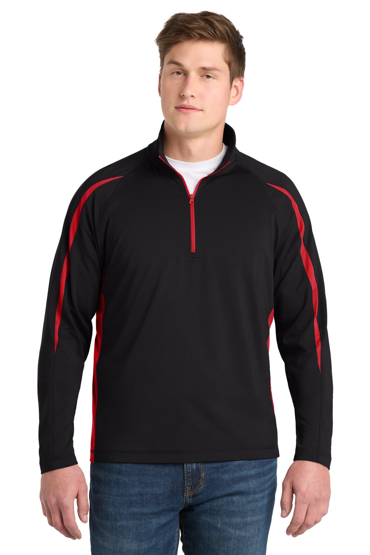 Sport-Tek Sport-Wick Stretch 1/4-Zip Colorblock Pullover ST851 Black/ True Red