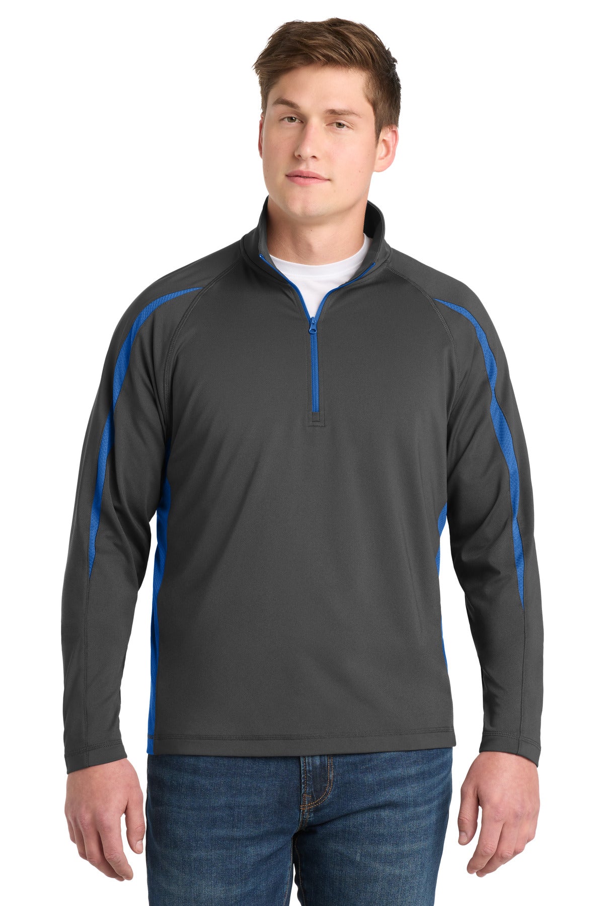 Sport-Tek Sport-Wick Stretch 1/4-Zip Colorblock Pullover ST851 Charcoal Grey/ True Royal