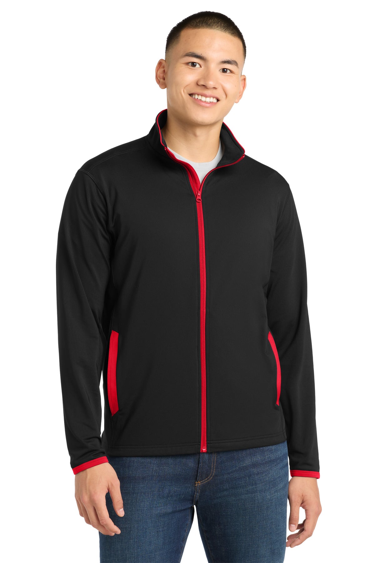 Sport-Tek Sport-Wick Stretch Contrast Full-Zip Jacket ST853 Black/ True Red