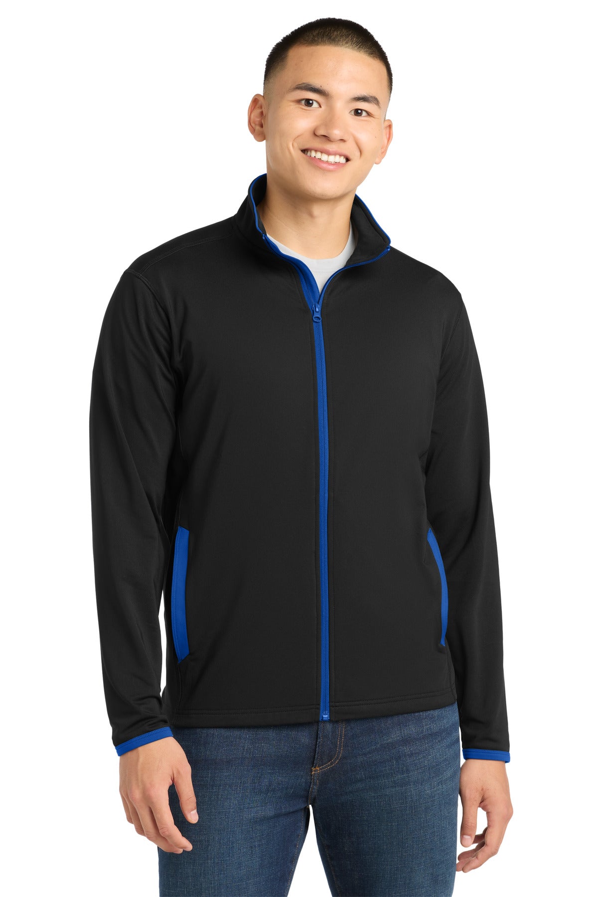 Sport-Tek Sport-Wick Stretch Contrast Full-Zip Jacket ST853 Black/ True Royal