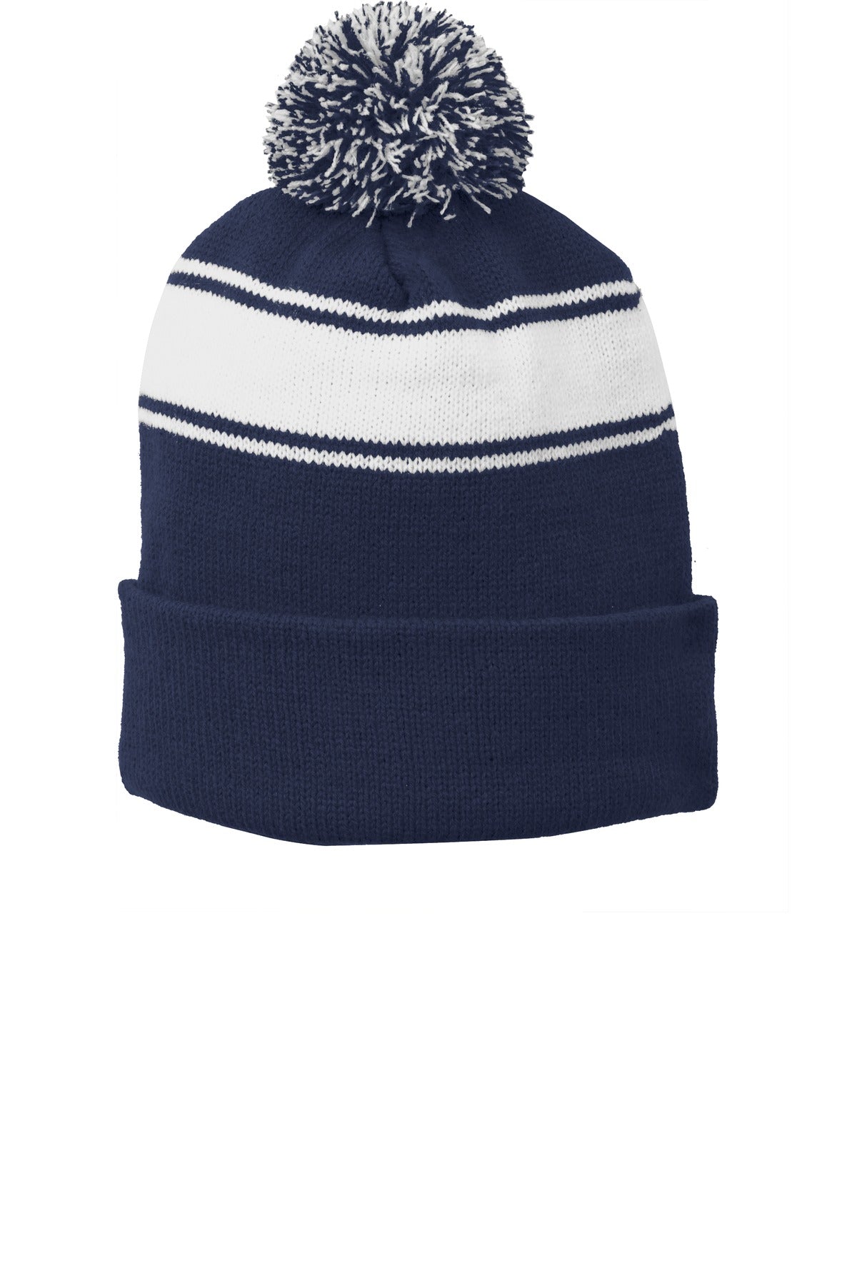 Sport-Tek Stripe Pom Pom Beanie STC28 True Navy/ White