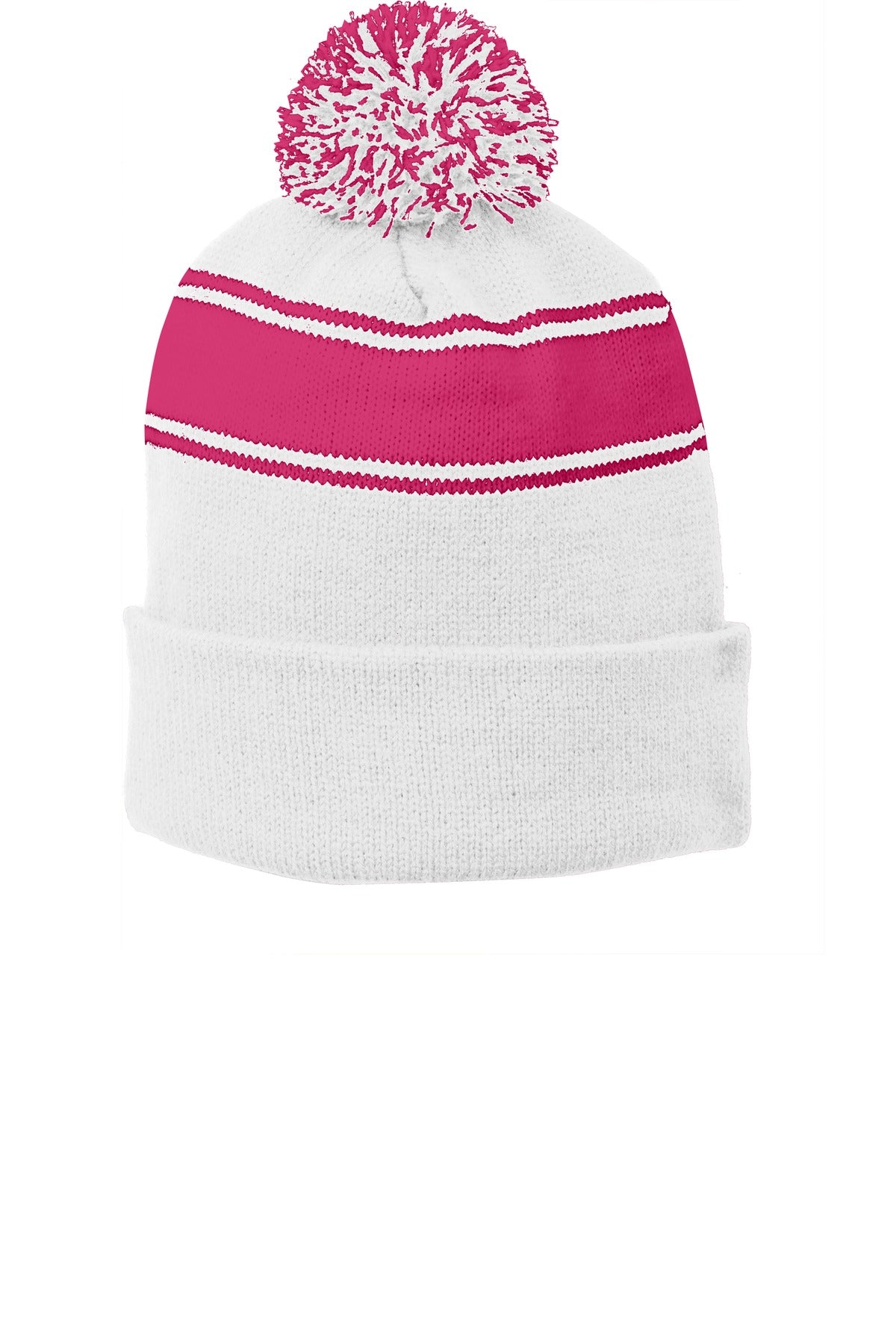 Sport-Tek Stripe Pom Pom Beanie STC28 White/ Pink Raspberry