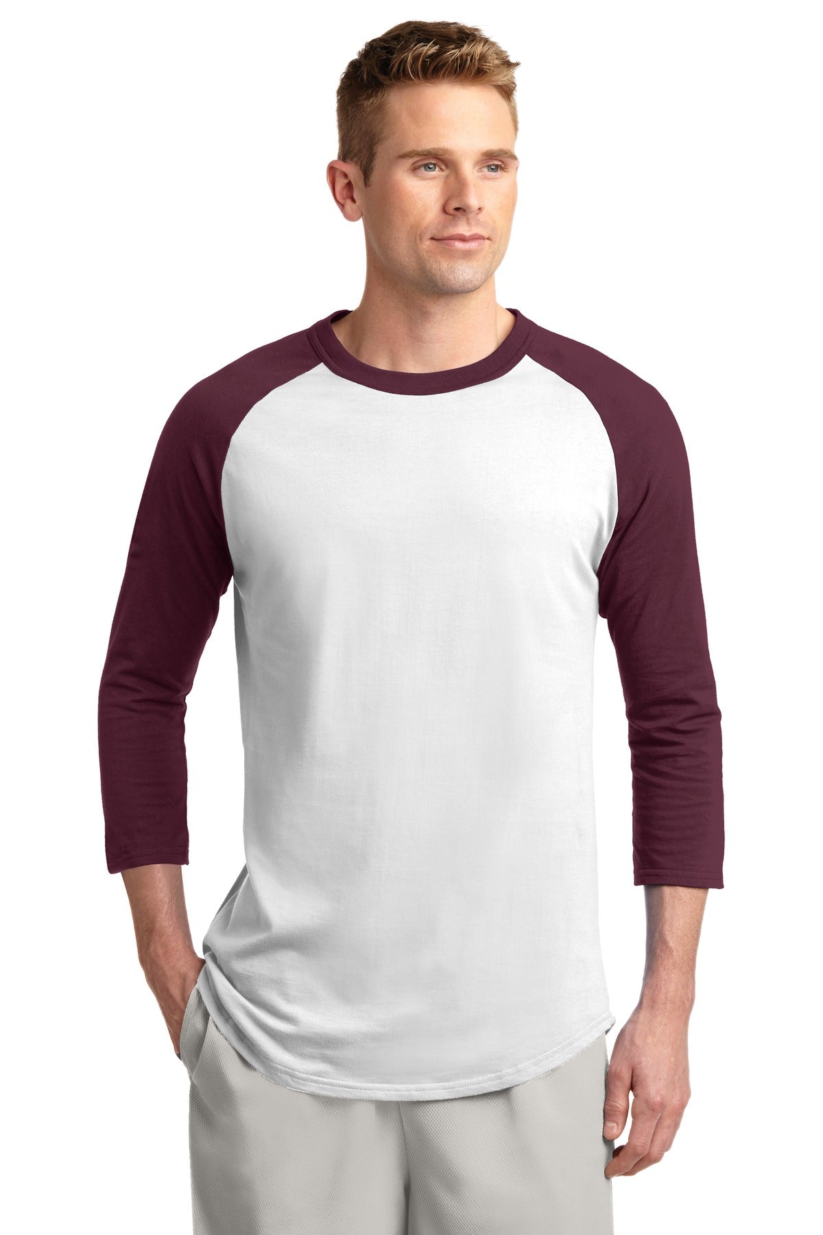 Sport-Tek Colorblock Raglan Jersey. T200 White/ Maroon