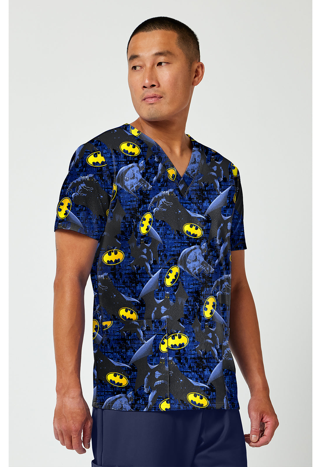 Tooniforms TF788 Men's Print V-Neck Scrub Top Guardian Of Gotham