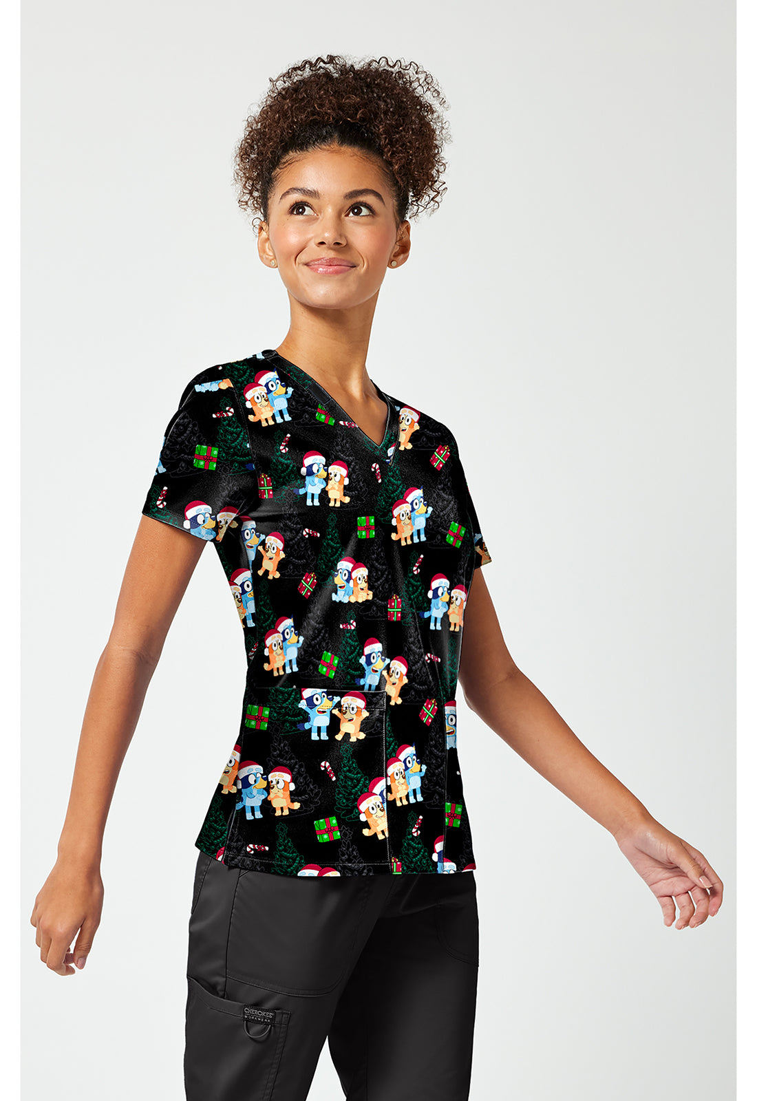 Tooniforms TF796 Women's Print V-Neck Scrub Top Santa Bluey
