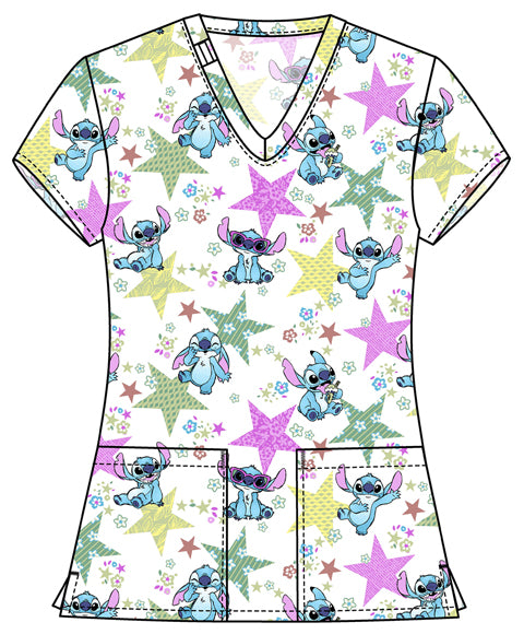 Tooniforms TF796 Print V-Neck Top Star Flower Stitch