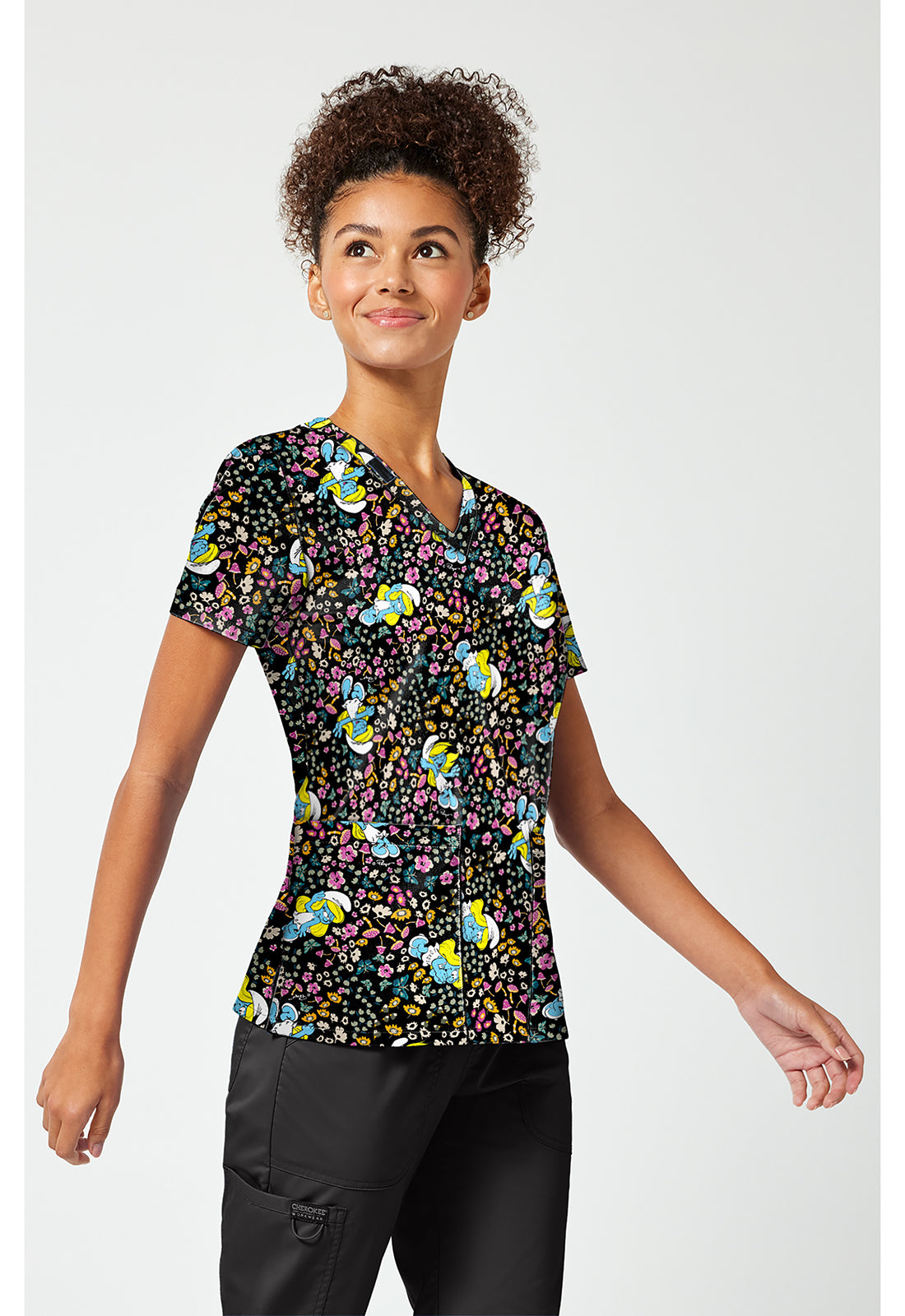 Tooniforms TF796 Women's Print V-Neck Scrub Top Smurfette'S Garden