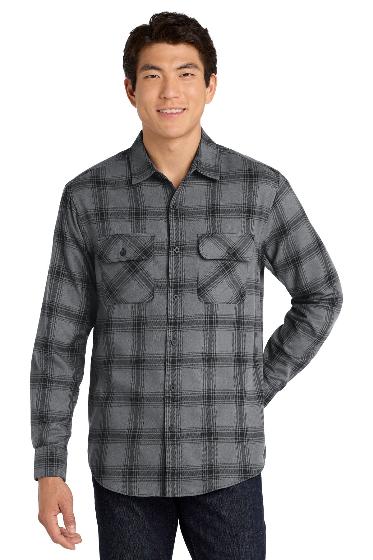 Port Authority Plaid Flannel Shirt W668 Grey/ Black Open Plaid