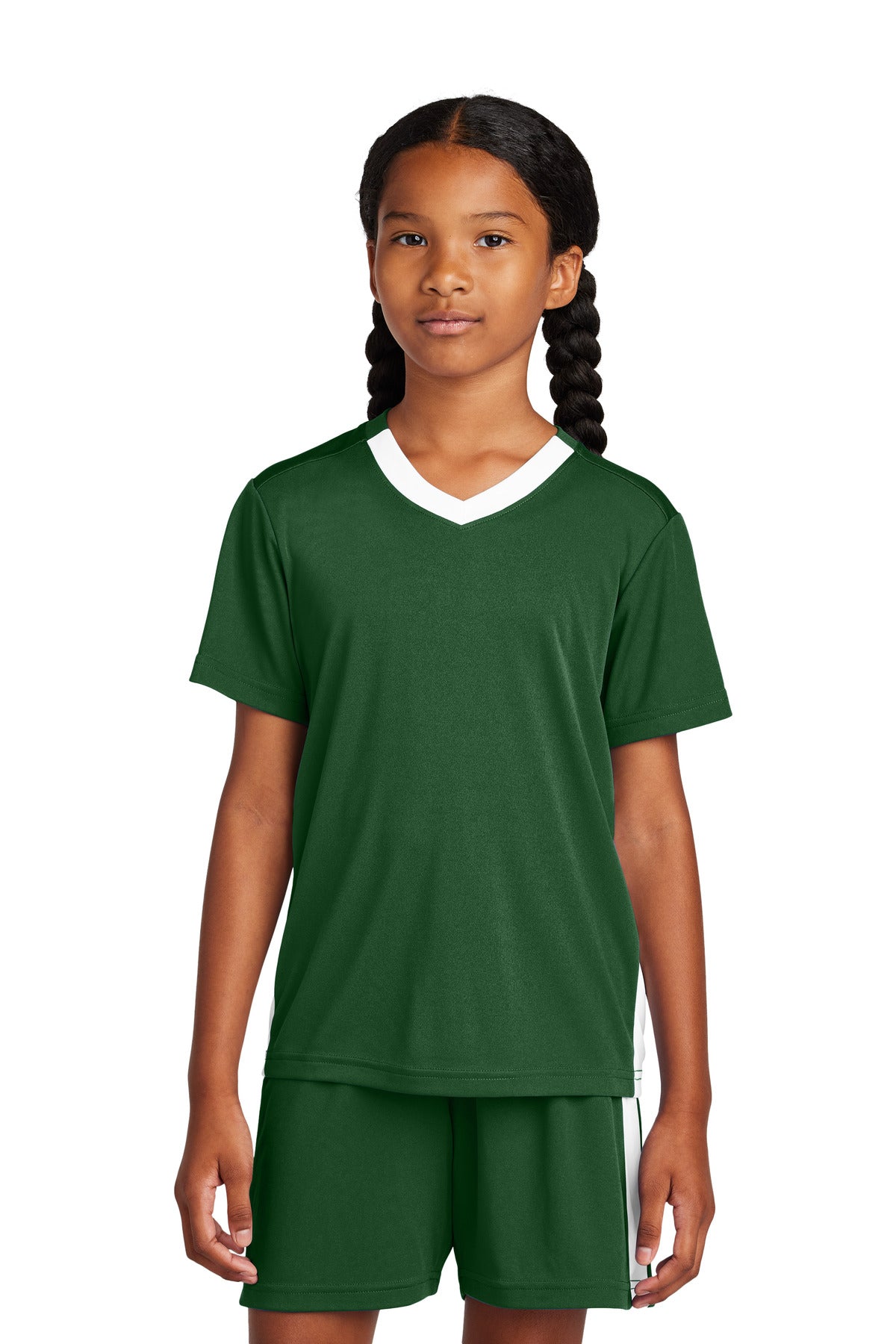 Sport-Tek Youth Competitor United V-Neck YST101 Forest Green/ White
