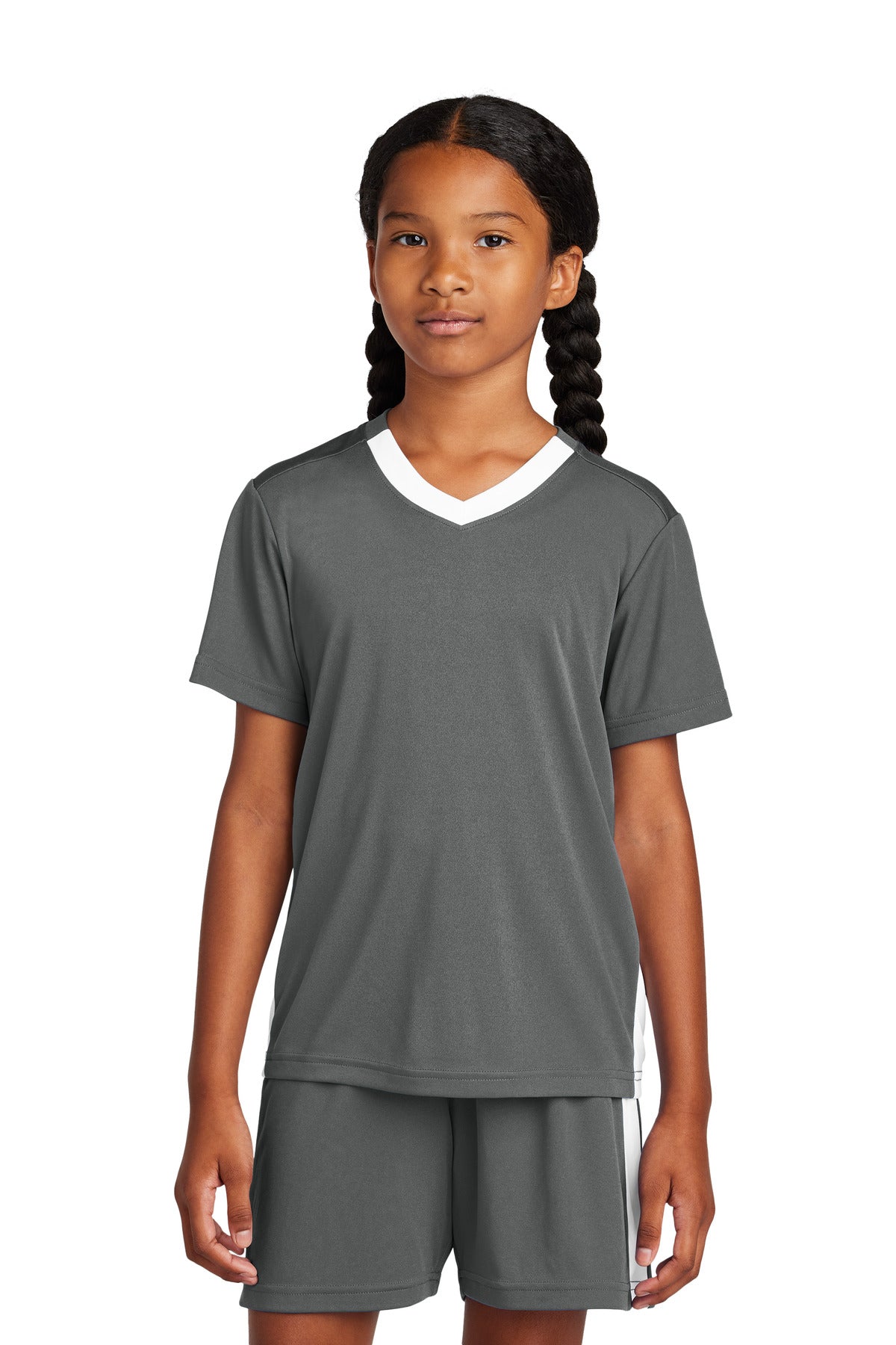 Sport-Tek Youth Competitor United V-Neck YST101 Iron Grey/ White