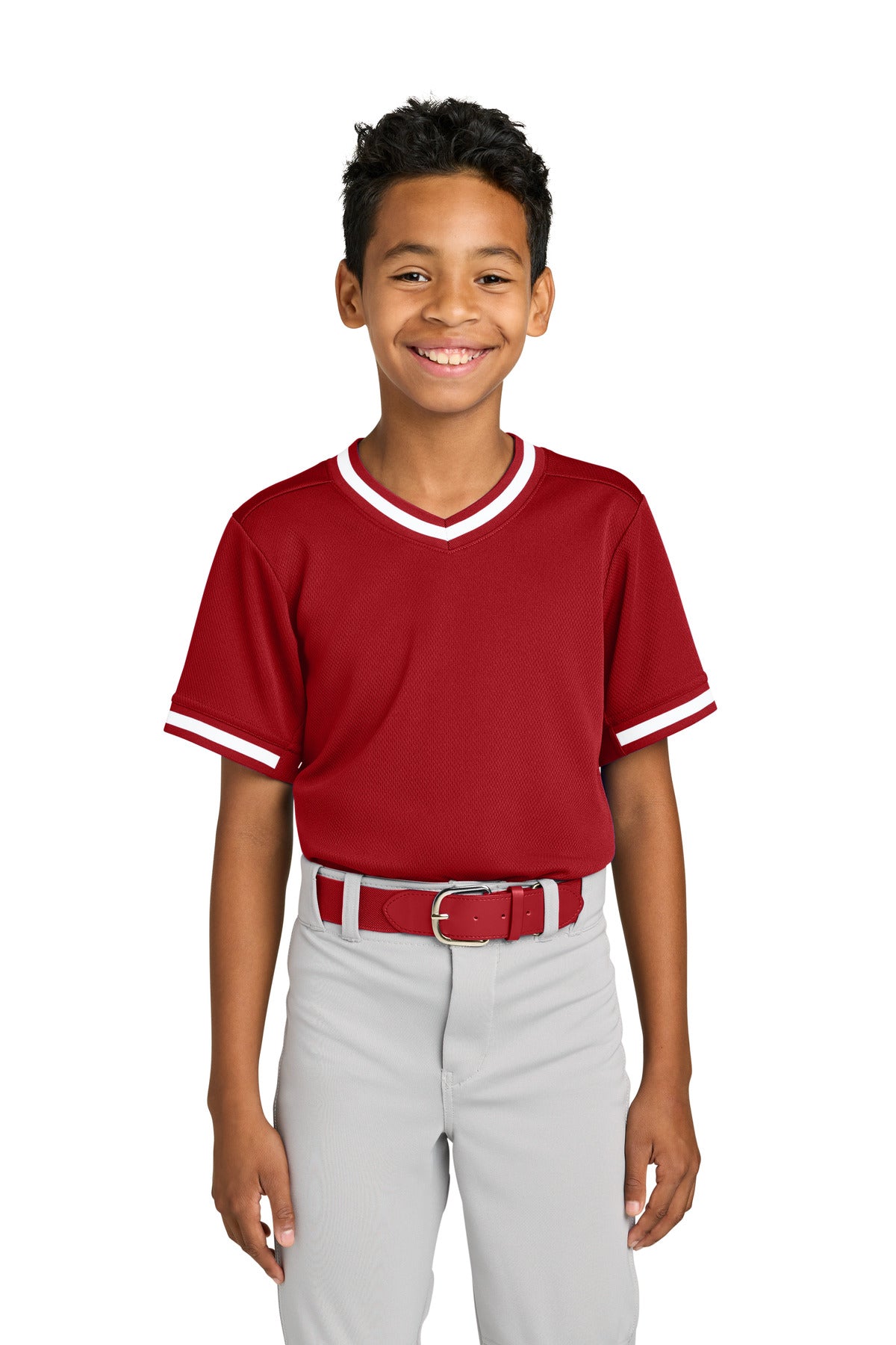 Sport-Tek Youth Tough Mesh V-Neck Baseball Jersey YST221 True Red