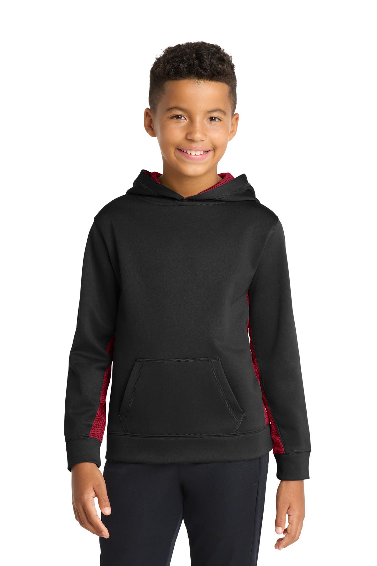Sport-Tek Youth Sport-Wick CamoHex Fleece Colorblock Hooded Pullover YST239 Black/ Deep Red
