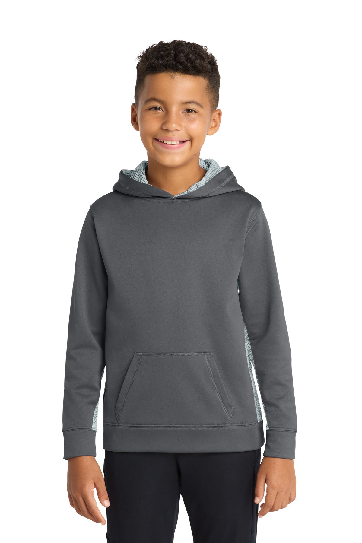 Sport-Tek Youth Sport-Wick CamoHex Fleece Colorblock Hooded Pullover YST239 Dark Smoke Grey/ White