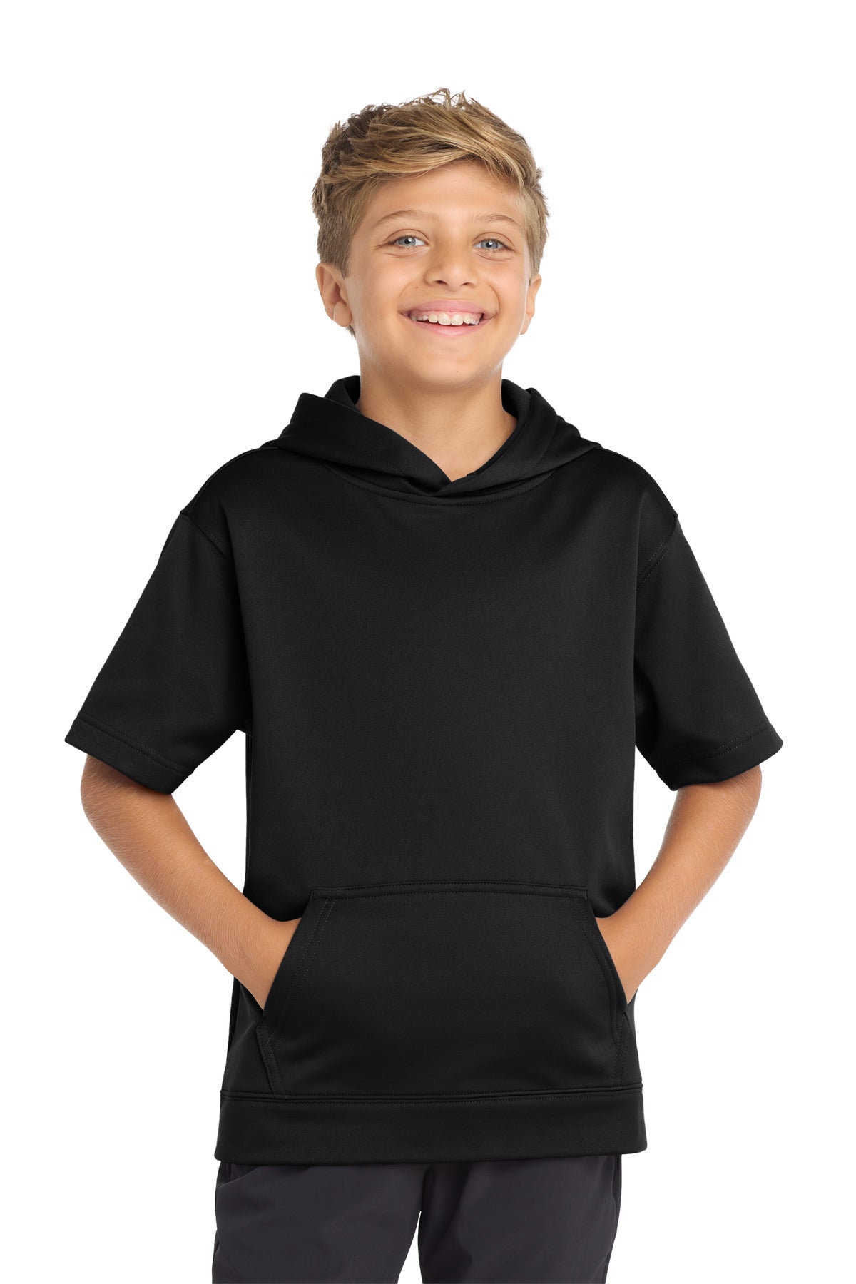 Sport-Tek Youth Sport-Wick Fleece Short Sleeve Hooded Pullover. YST251 Black