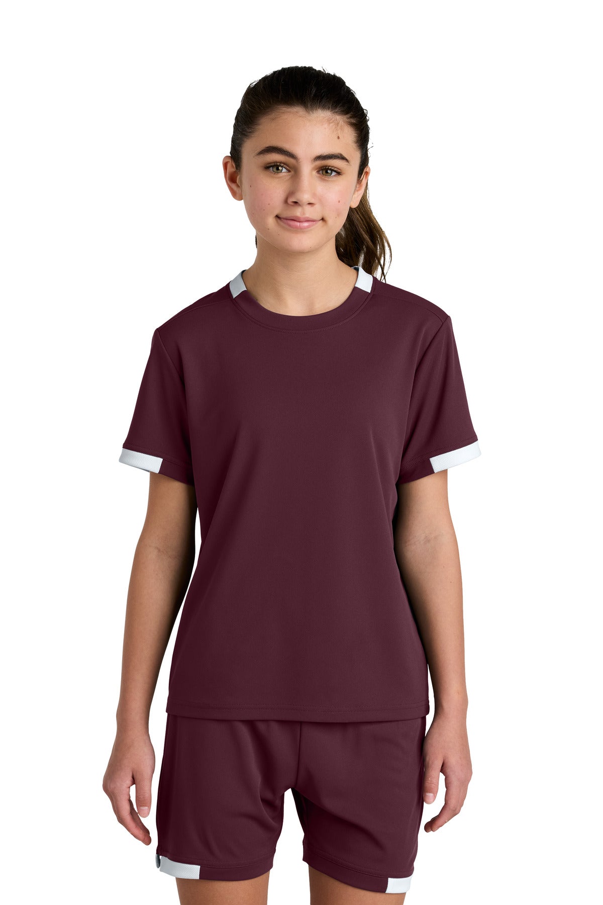 Sport-Tek Youth Club Short Sleeve Crew YST440 Maroon/ White
