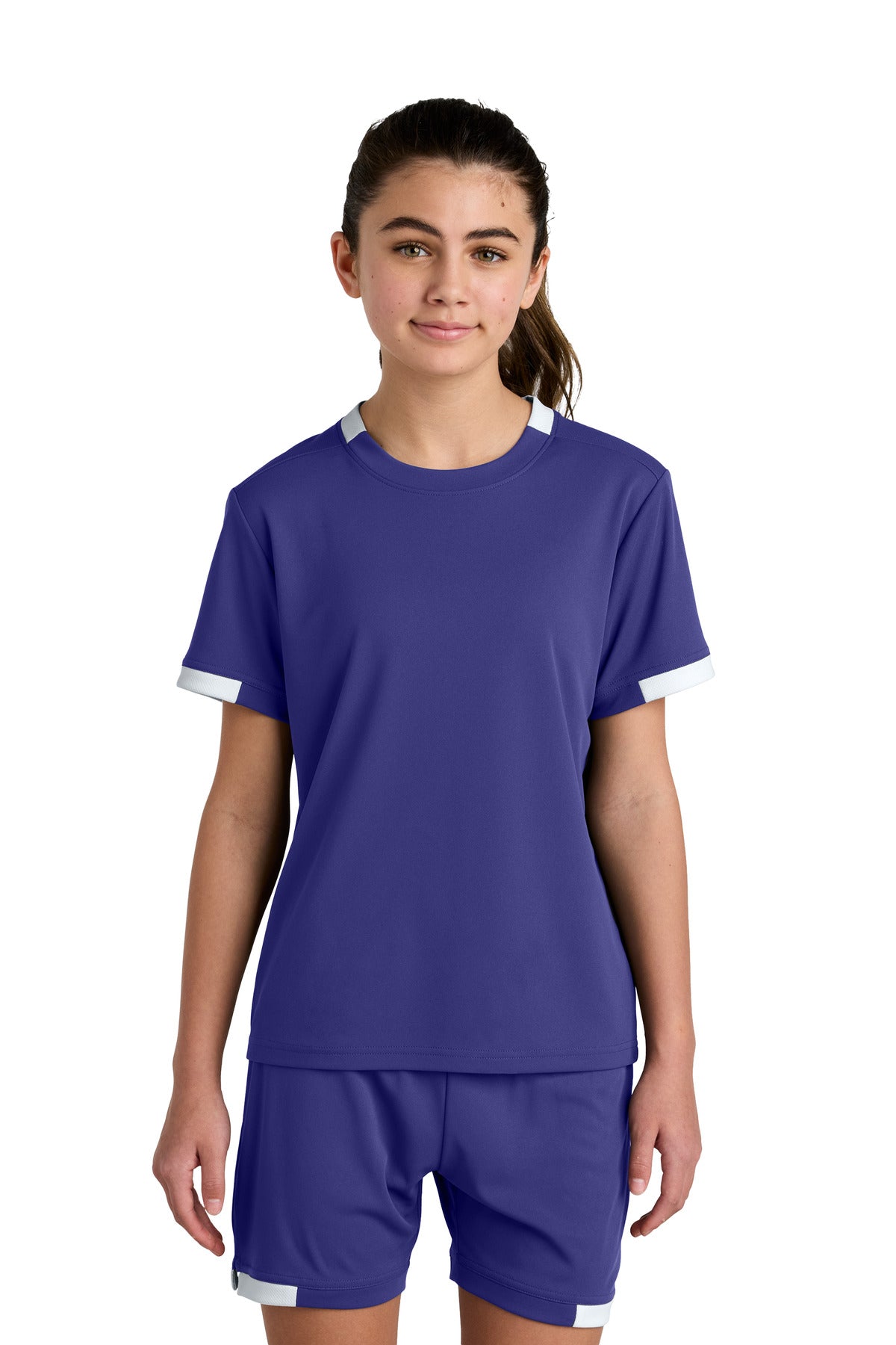 Sport-Tek Youth Club Short Sleeve Crew YST440 Purple/ White