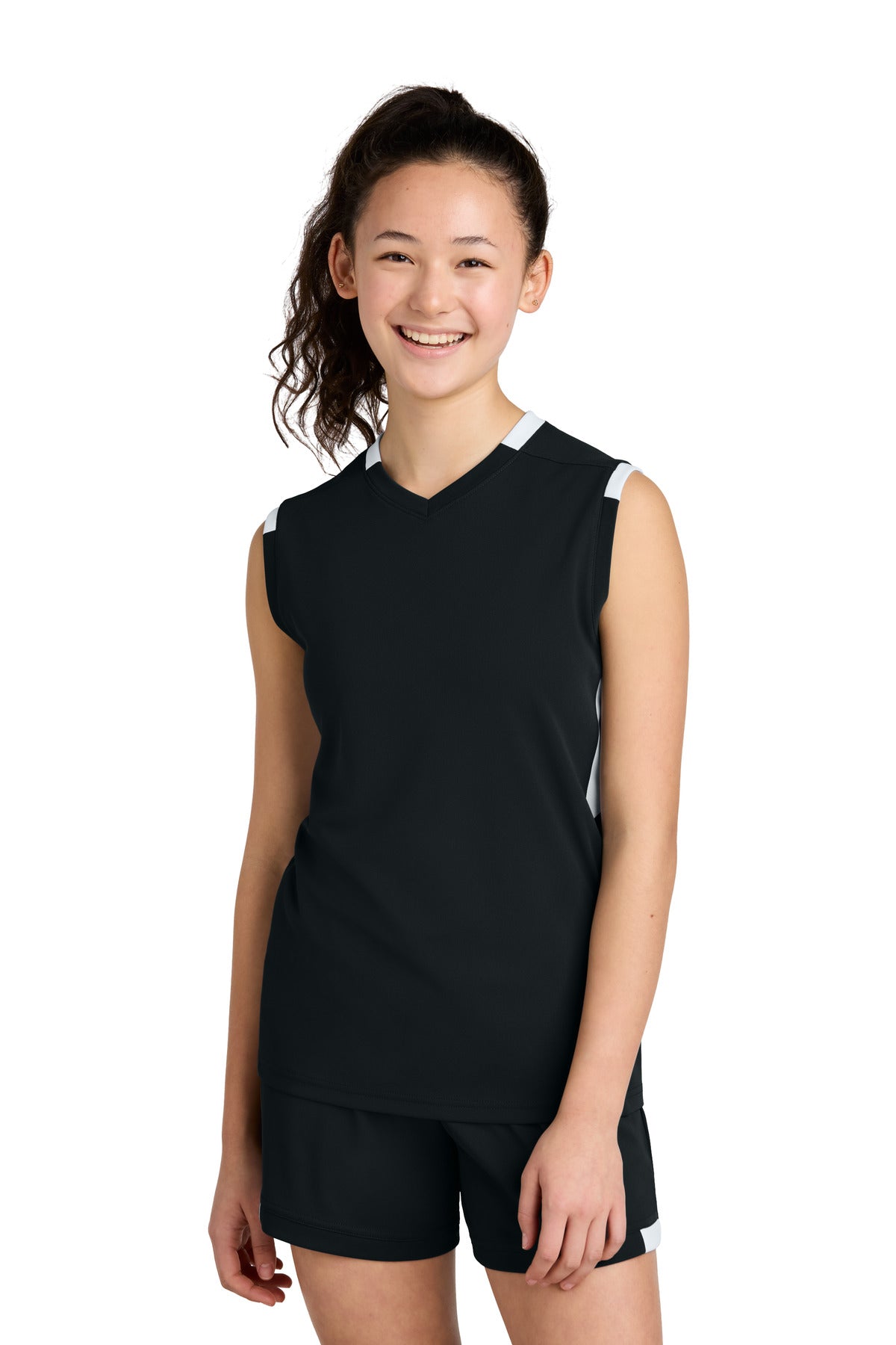 Sport-Tek Youth Club Sleeveless V-Neck YST441 Black/ White