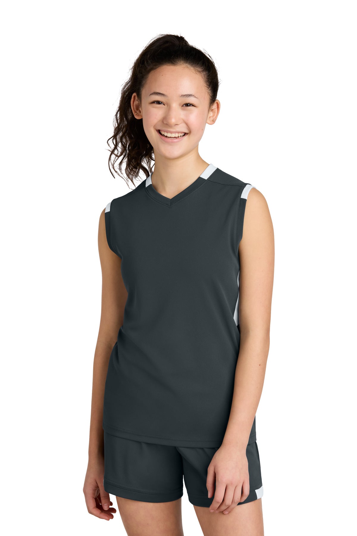 Sport-Tek Youth Club Sleeveless V-Neck YST441 Iron Grey/ White