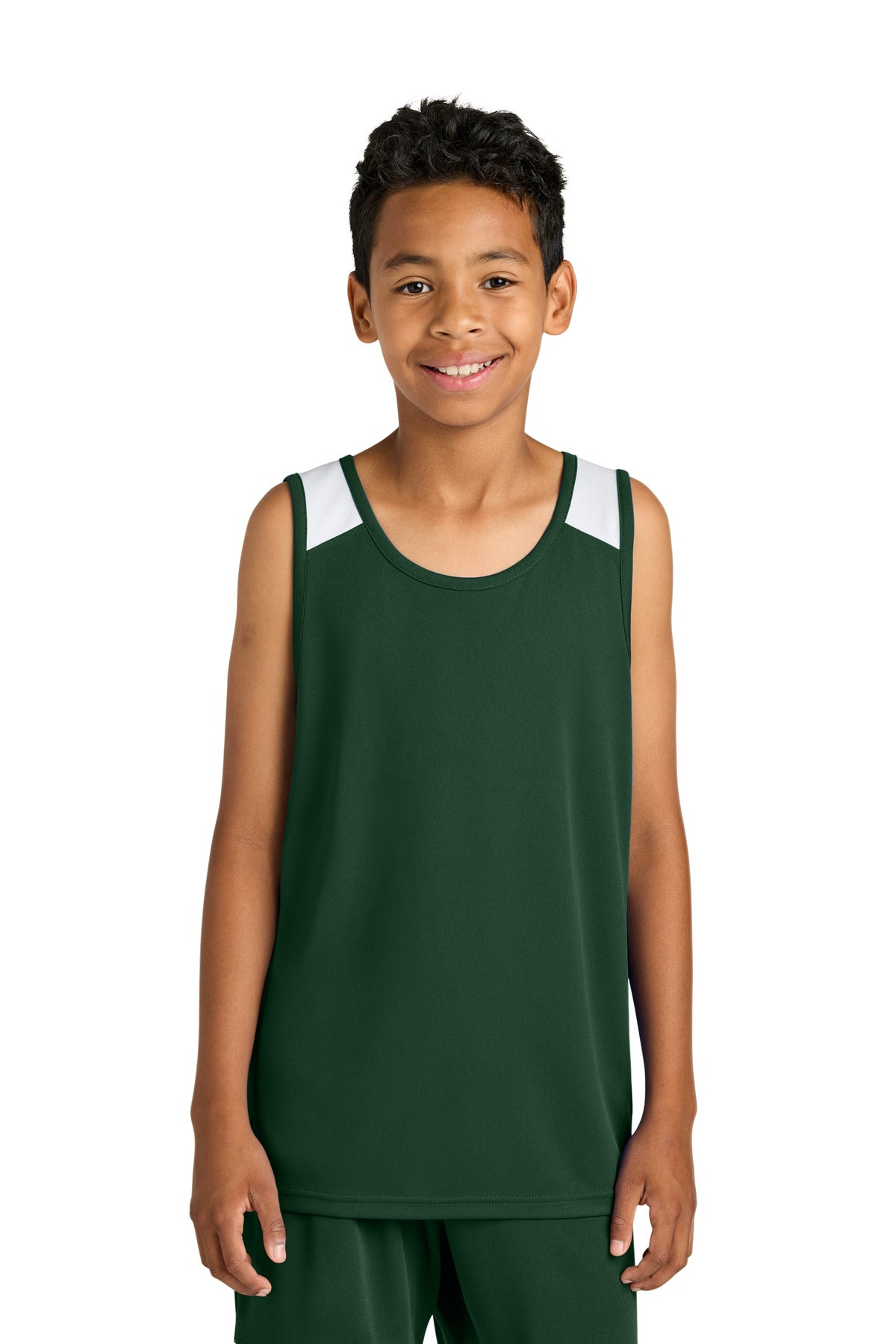 Sport-Tek Youth Club Track Tank YST446 Forest Green/ White