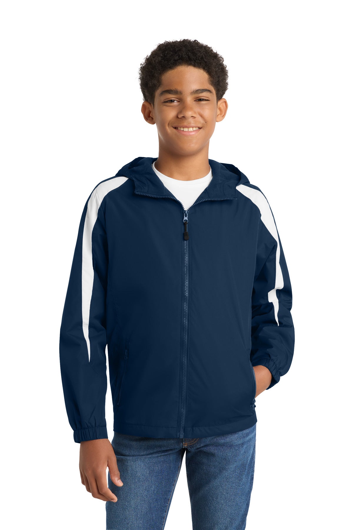 Sport-Tek Youth Fleece-Lined Colorblock Jacket YST81 True Navy/ White