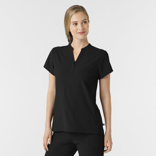 RENEW 6734 Mandarin Collar Scrub Top Black Model Image Right Side | Wink