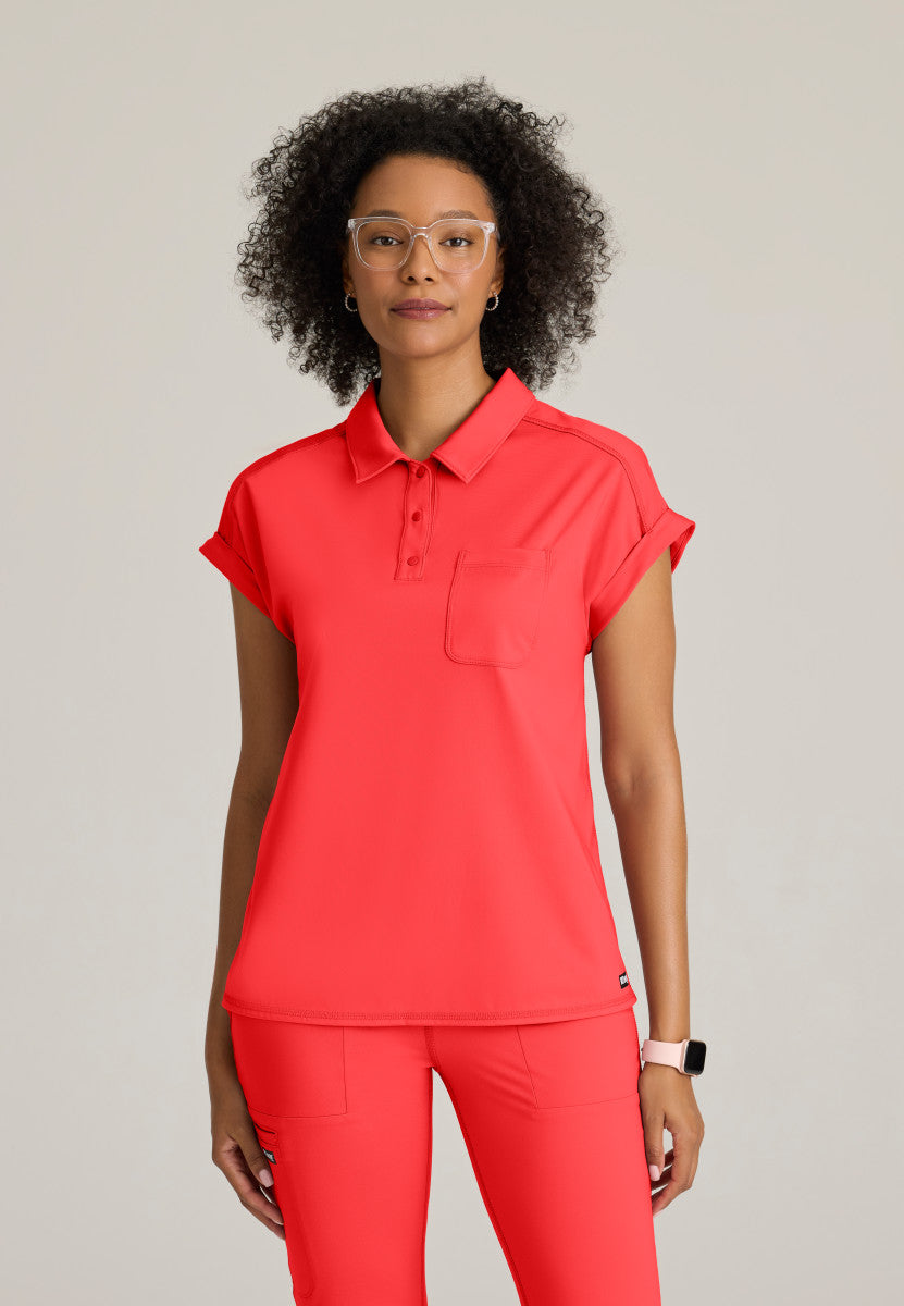 Grey's Anatomy Knits GRST254 Renew Knit Scrub Top Radiant Coral