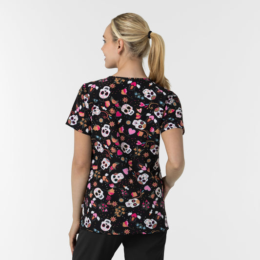 Fashion Prints 6147 Women's V-Neck Print Scrub Top Sugar Skull Fiesta