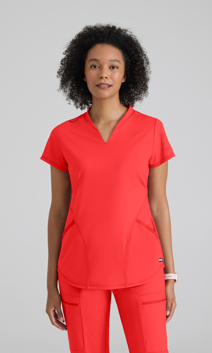 Grey's Anatomy Knits GRST249 Define Knit Scrub Top Radiant Coral