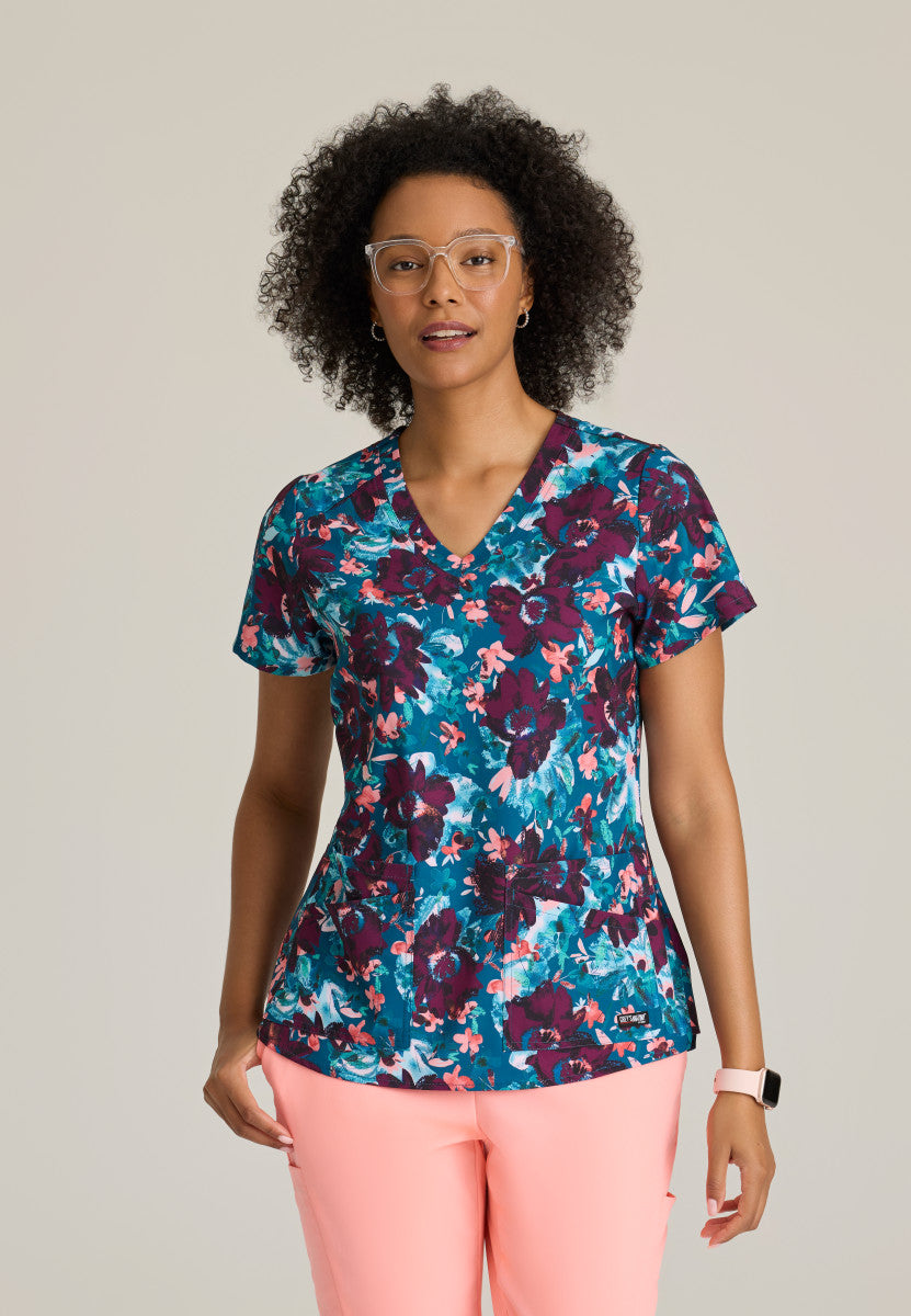 Grey's Anatomy Stretch GRST154 Ella Print Scrub Top Spring Meadow