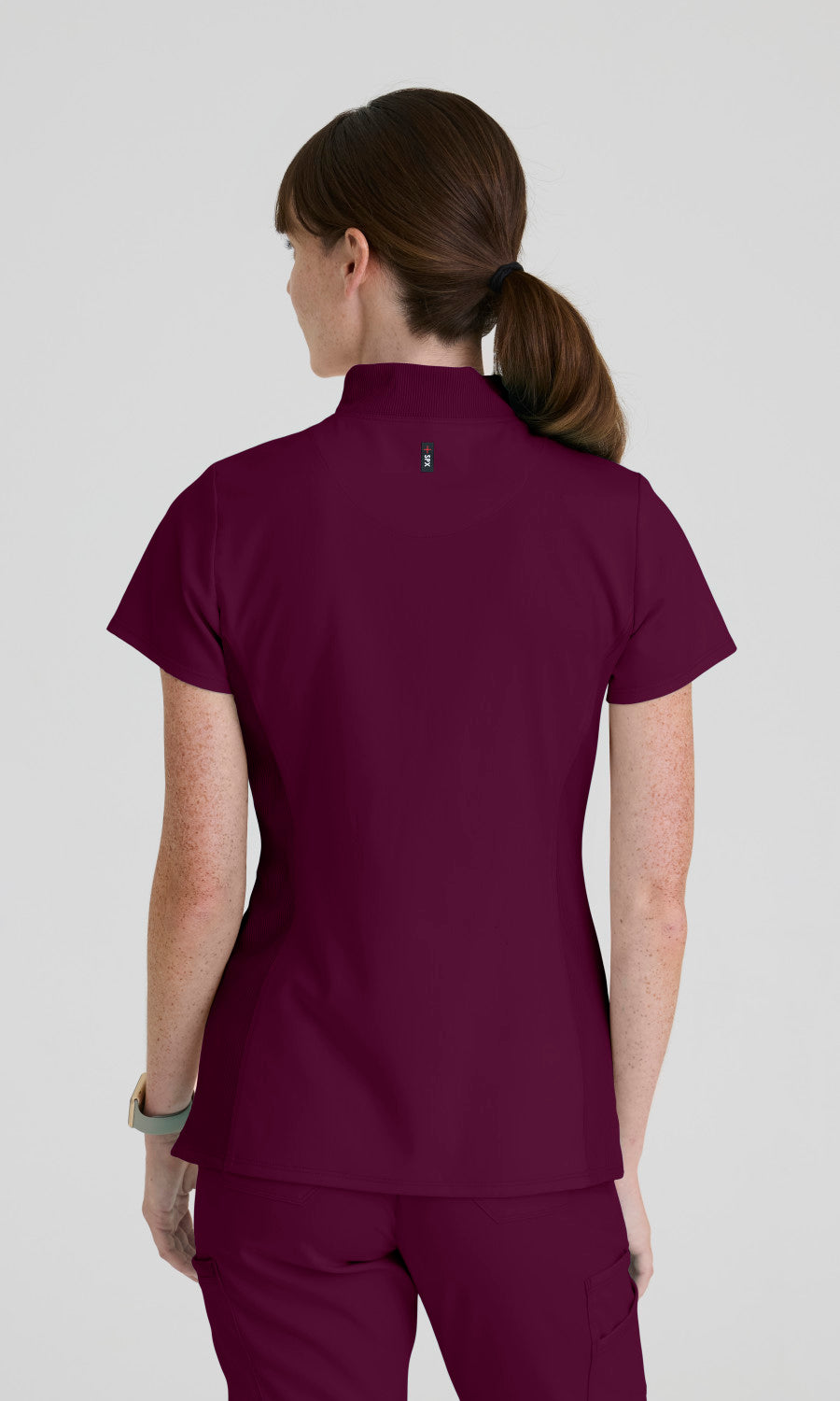 Greys Anatomy Spandex Stretch GRST292 Women's Kristi Top in Wine by Barco Model Image Back