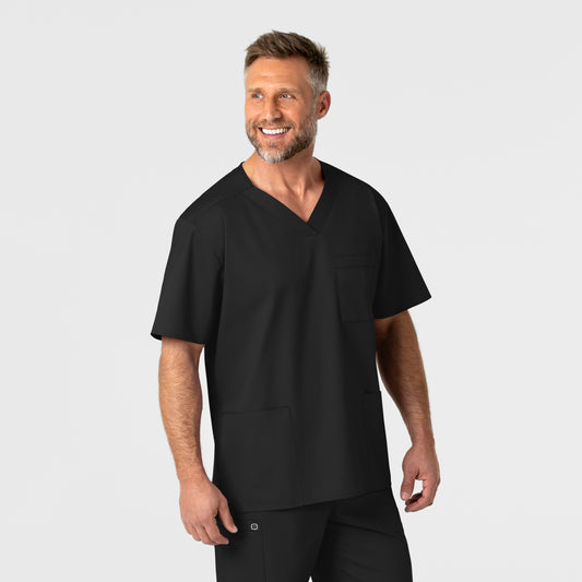 WonderWORK 103 Men's V-Neck Scrub Top Black Model Image Right Side | Wink