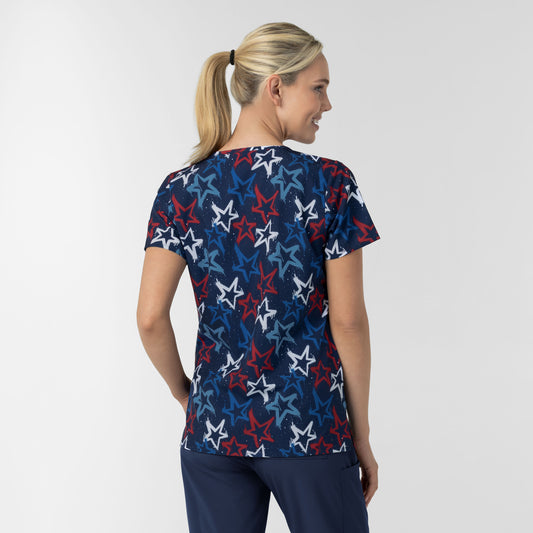 Fashion Prints 6147 Women's V-Neck Print Scrub Top Star Spangled Sky