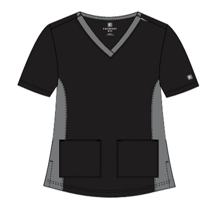 Foundry Women's 1005C Quinn Colorblock 2 Pocket V-Neck Top Black Pewter