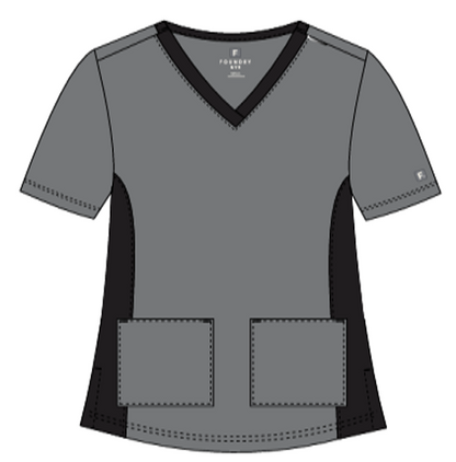 Foundry Women's 1005C Quinn Colorblock 2 Pocket V-Neck Top Pewter Black