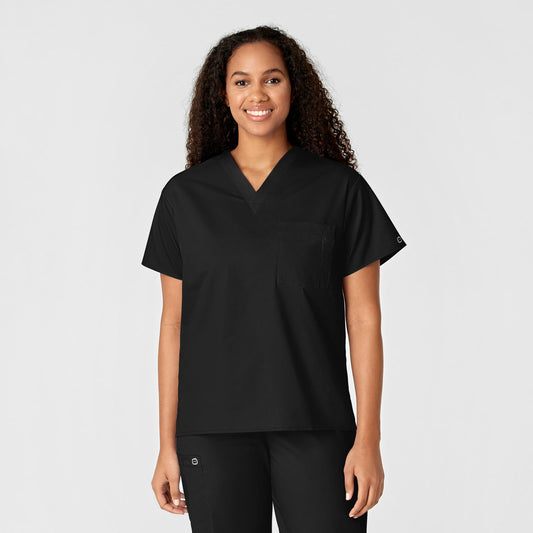 WonderWORK 100 Unisex V-Neck Scrub Top Black Model Image Front | Wink