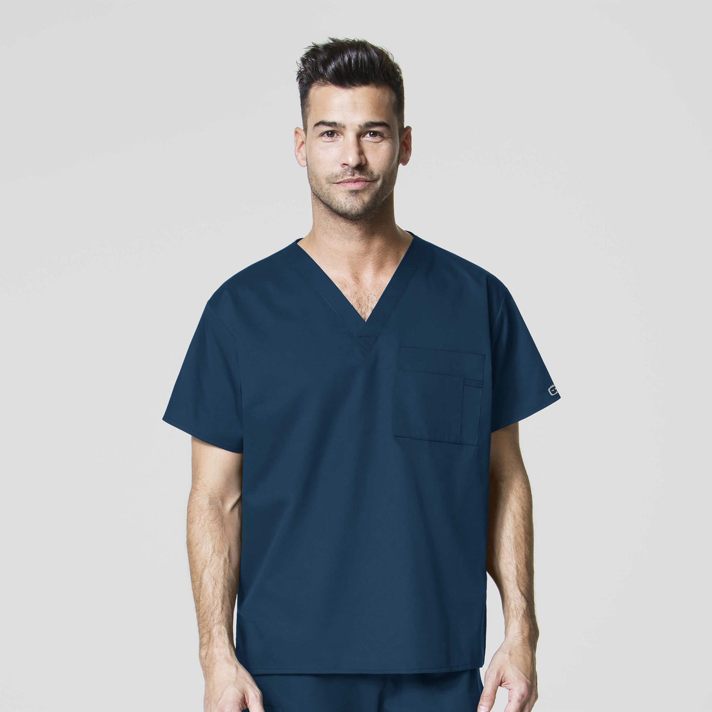 WonderWORK 100 Unisex V-Neck Scrub Top Caribbean Blue Model Image Front | Wink