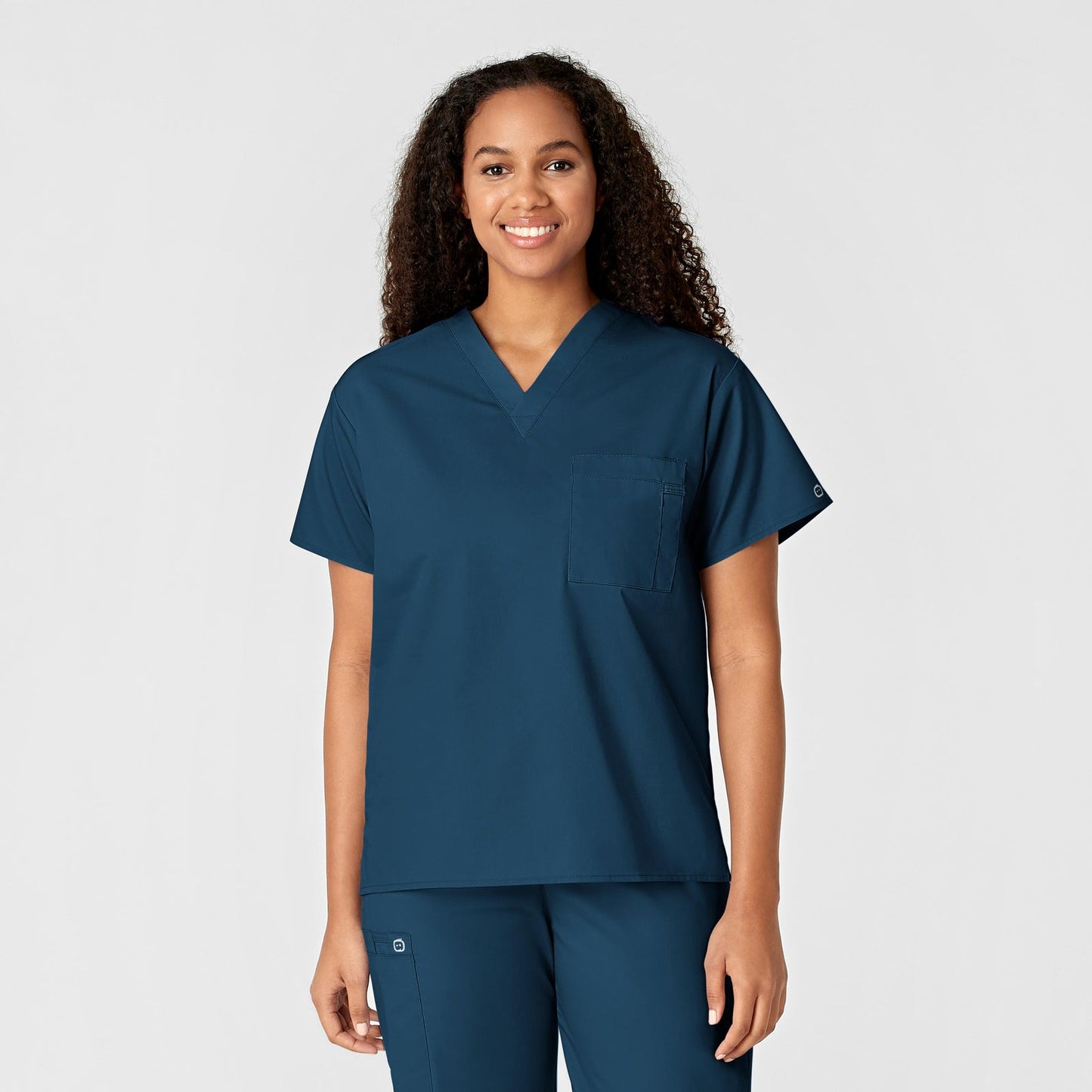 WonderWORK 100 Unisex V-Neck Scrub Top Caribbean Blue Model Image Front | Wink