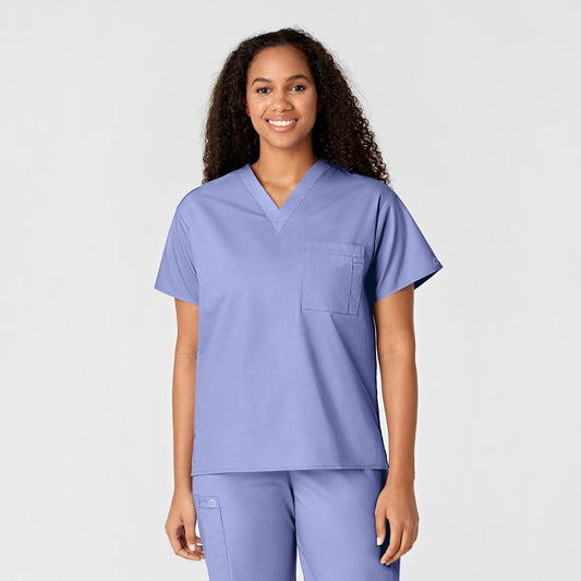 WonderWORK 100 Unisex V-Neck Scrub Top Ceil Blue Model Image Front | Wink