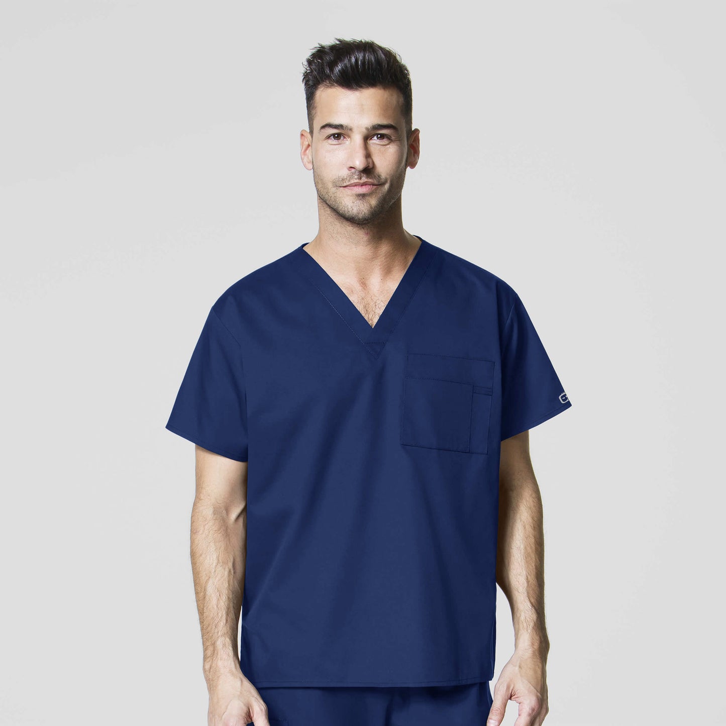 WonderWORK 100 Unisex V-Neck Scrub Top Navy Model Image Front | Wink