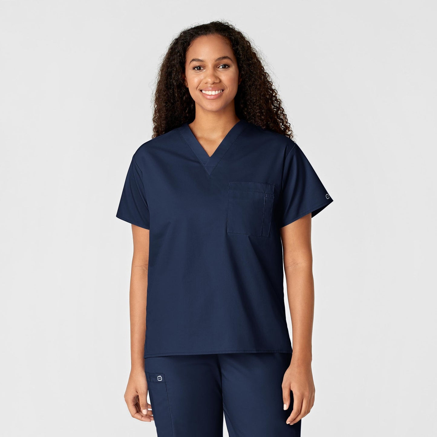 WonderWORK 100 Unisex V-Neck Scrub Top Navy Model Image Front | Wink