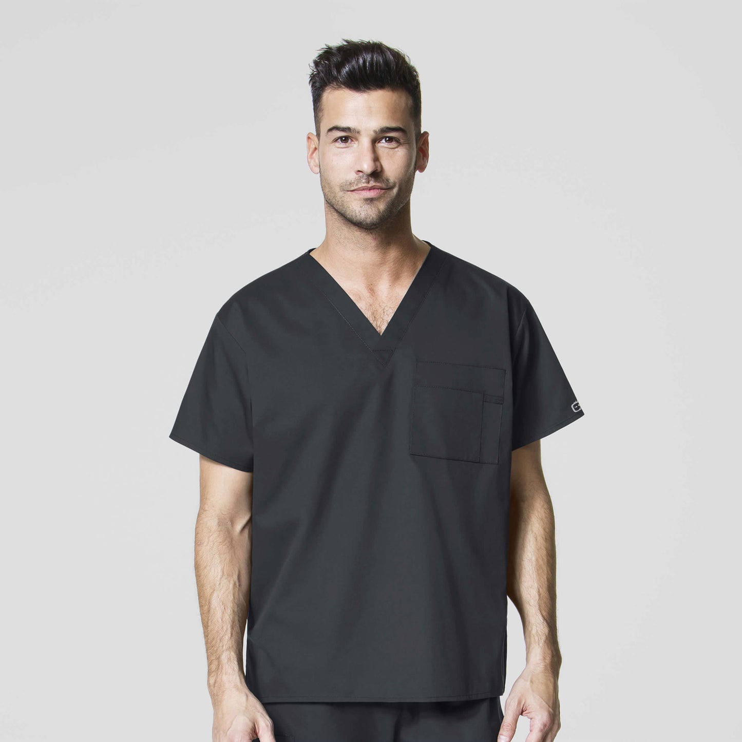 WonderWORK 100 Unisex V-Neck Scrub Top Pewter Model Image Front | Wink