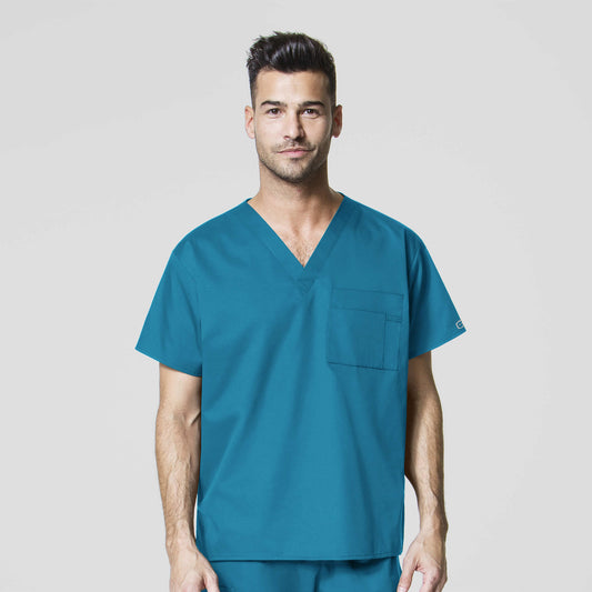 WonderWORK 100 Unisex V-Neck Scrub Top Teal Blue Model Image Front | Wink