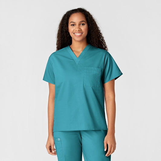 WonderWORK 100 Unisex V-Neck Scrub Top Teal Blue Model Image Front | Wink